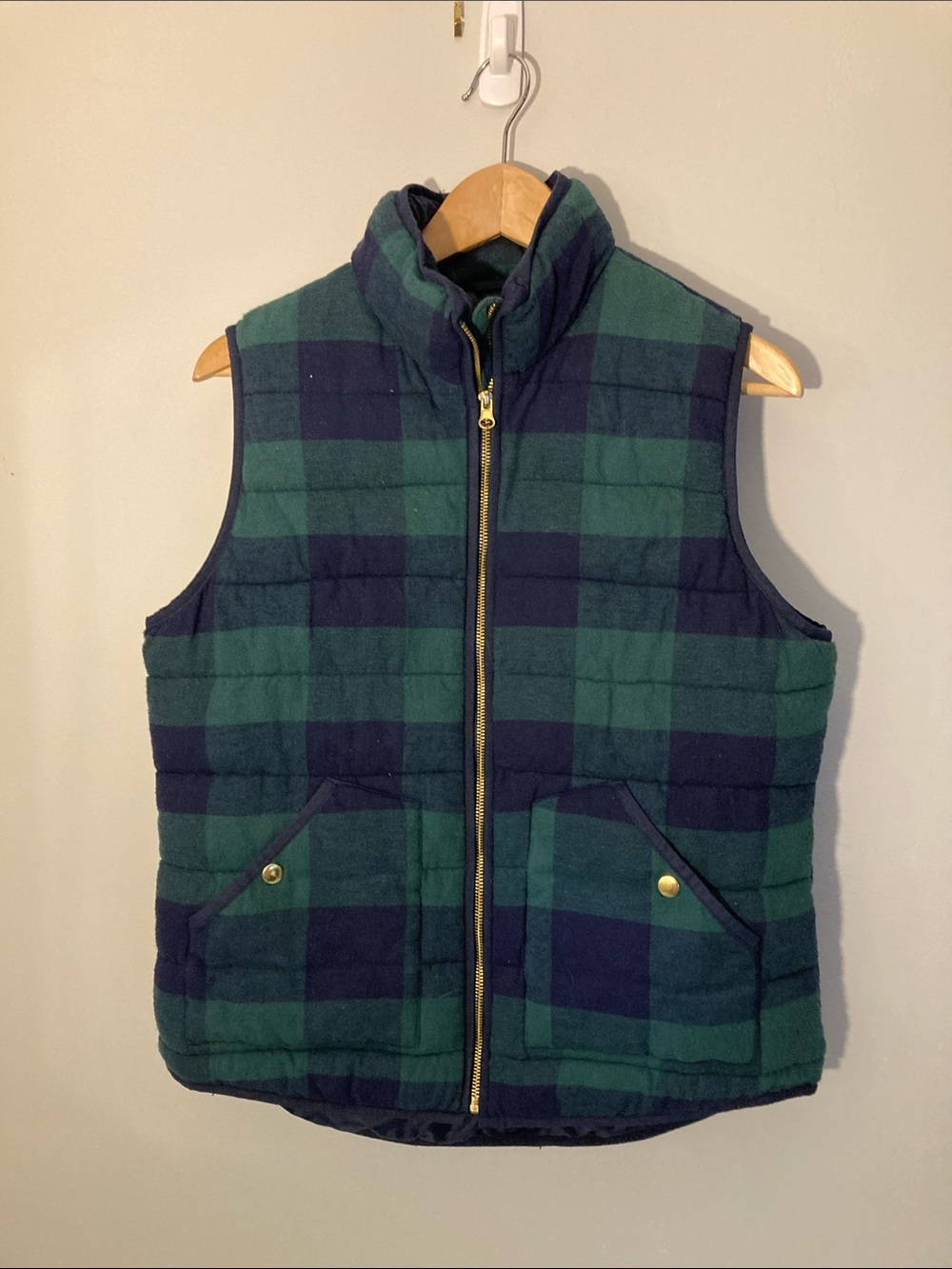 Merona Green & Navy Plaid Quilted Vest